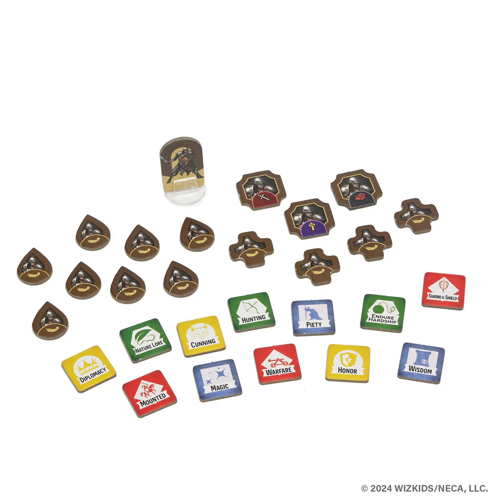WizKids' Tales of the Arthurian Knights offers tokens and markers in teardrop, hexagon, and square shapes with symbols like Diplomacy, Hospitality, Magic, and Wisdom—perfect for your King Arthur-inspired storytelling game.