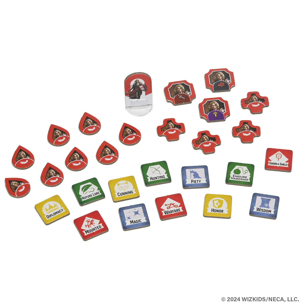 Colorful game tokens for Diplomacy, Hunting, Magic, and Warfare are arranged in rows for Tales of the Arthurian Knights by WizKids—a storytelling game about King Arthur. An upright character standee is also included.