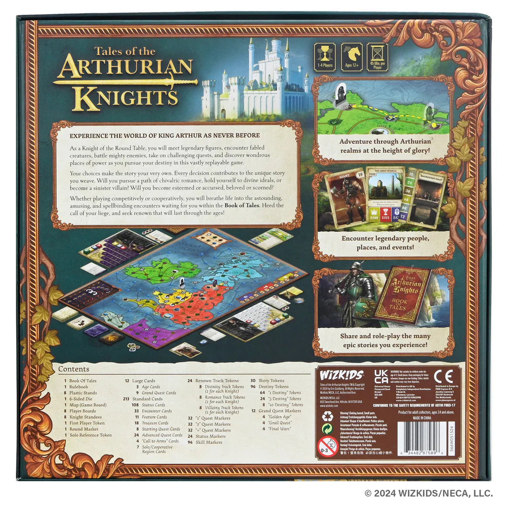 The back of the WizKids Tales of the Arthurian Knights (Damaged) box shows its map board, cards, dice, features, and contents list against artwork of King Arthur’s castle and countryside.