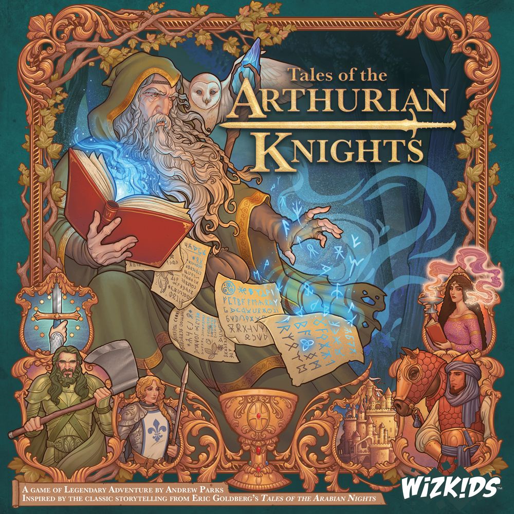 The illustrated cover for WizKids' Tales of the Arthurian Knights (Damaged) depicts a wizard casting spells, a knight with shield, a Queen on horseback, and a scribe among ornate medieval designs and King Arthur symbols.
