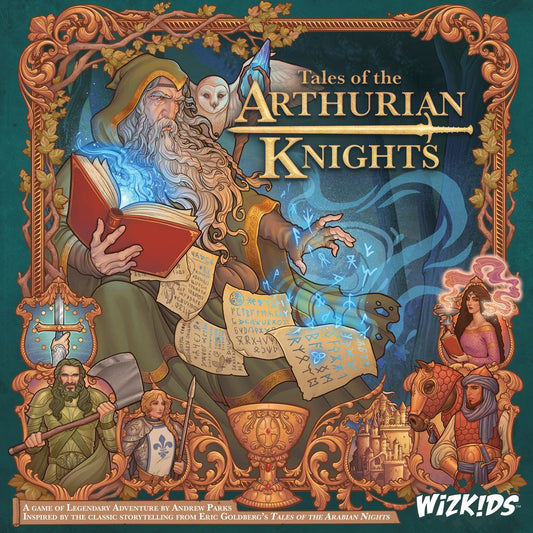 The illustrated cover for WizKids' Tales of the Arthurian Knights (Damaged) depicts a wizard casting spells, a knight with shield, a Queen on horseback, and a scribe among ornate medieval designs and King Arthur symbols.