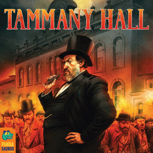 A stern man in a top hat and suit stands before a grand building, surrounded by others in hats. The title Tammany Hall crowns this dramatic scene, with the IDW Games logo at the bottom left.