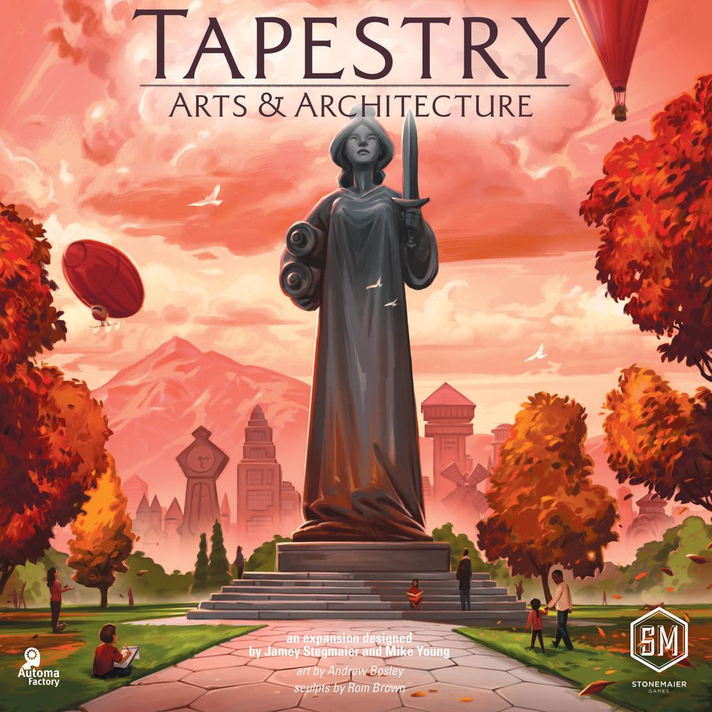 A large robed statue holding a brush stands amid trees, people, and red hot air balloons in a park. Art deco buildings and a cloudy sky form the backdrop. Text: “Tapestry: Arts & Architecture Expansion by Stonemaier Games.”.