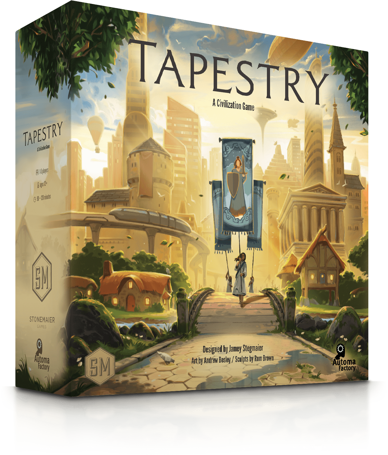 The box cover of Tapestry by Stonemaier Games shows a lively fantasy city with grand buildings, airships, and lush greenery. At the center hangs a golden goblet banner, evoking the epic feel of this civilization board game. The title "Tapestry" is display