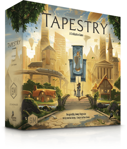 The box cover of Tapestry by Stonemaier Games shows a lively fantasy city with grand buildings, airships, and lush greenery. At the center hangs a golden goblet banner, evoking the epic feel of this civilization board game. The title "Tapestry" is display