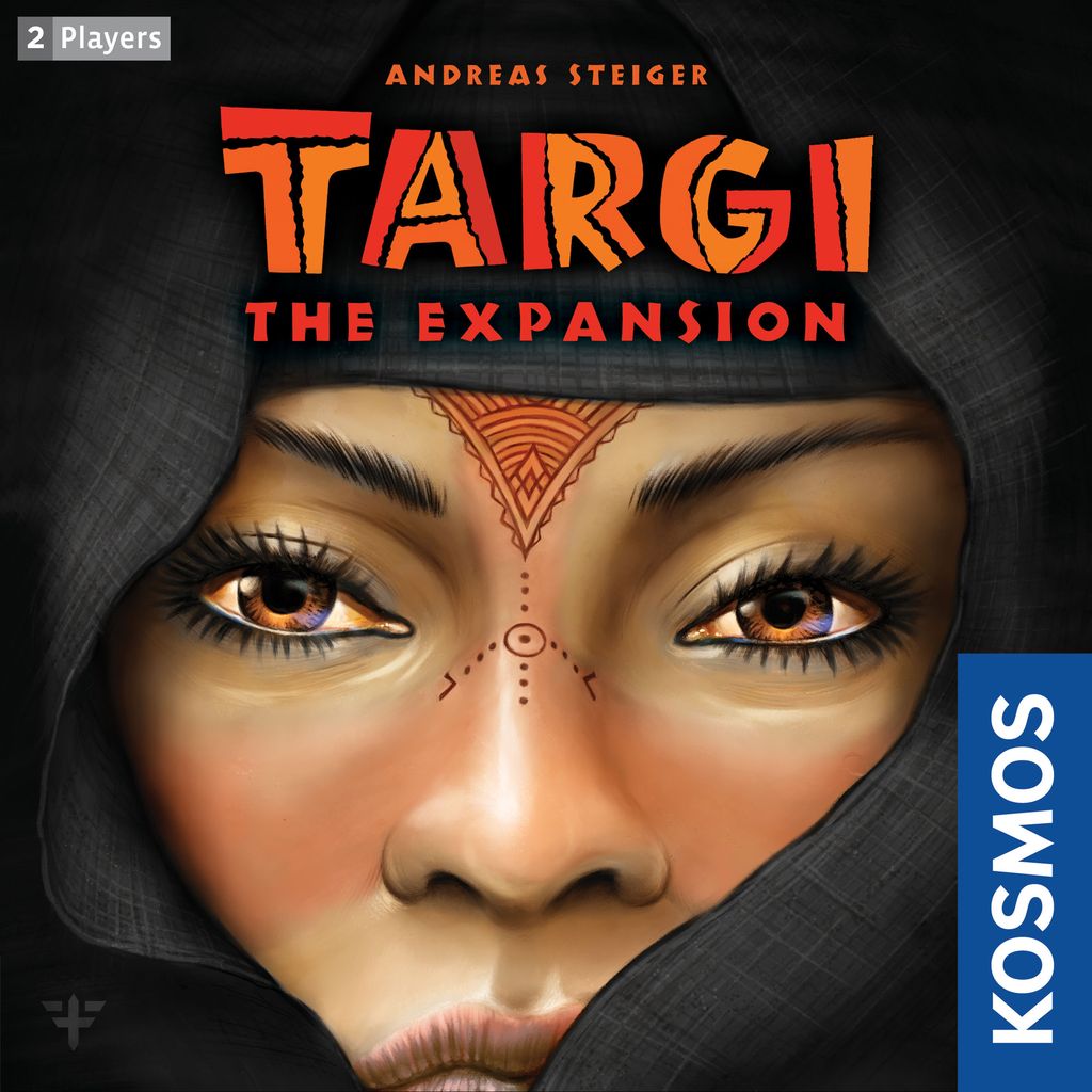 A close-up of a woman with bold orange and black eye makeup, geometric forehead art, and a dark headscarf. Text displays "Targi: The Expansion," tribe cards, Kosmos branding—an exciting 2-player board game expansion.
