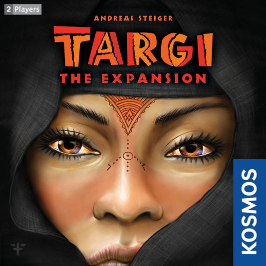 A close-up of a woman with bold orange and black eye makeup, geometric forehead art, and a dark headscarf. Text displays "Targi: The Expansion," tribe cards, Kosmos branding—an exciting 2-player board game expansion.
