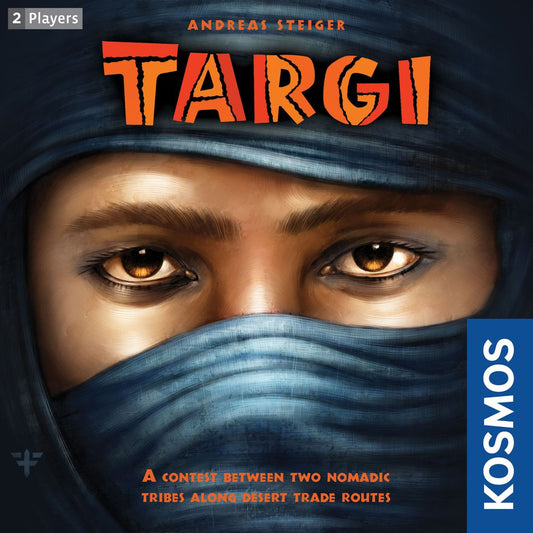 Close-up illustration of a face with brown eyes, covered by a blue headscarf showing only the eyes. "Targi," a Kosmos game inspired by nomadic tribes and desert trade routes, is displayed with Kosmos branding visible.