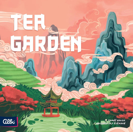 The illustrated cover for Albi's Tea Garden features a lush Yunnan tea garden with a pagoda, red trees, and distant mountains beneath a pink sky with swirling clouds. "Tea Garden" is displayed at the top, reflecting the artistry of tea fermentation.