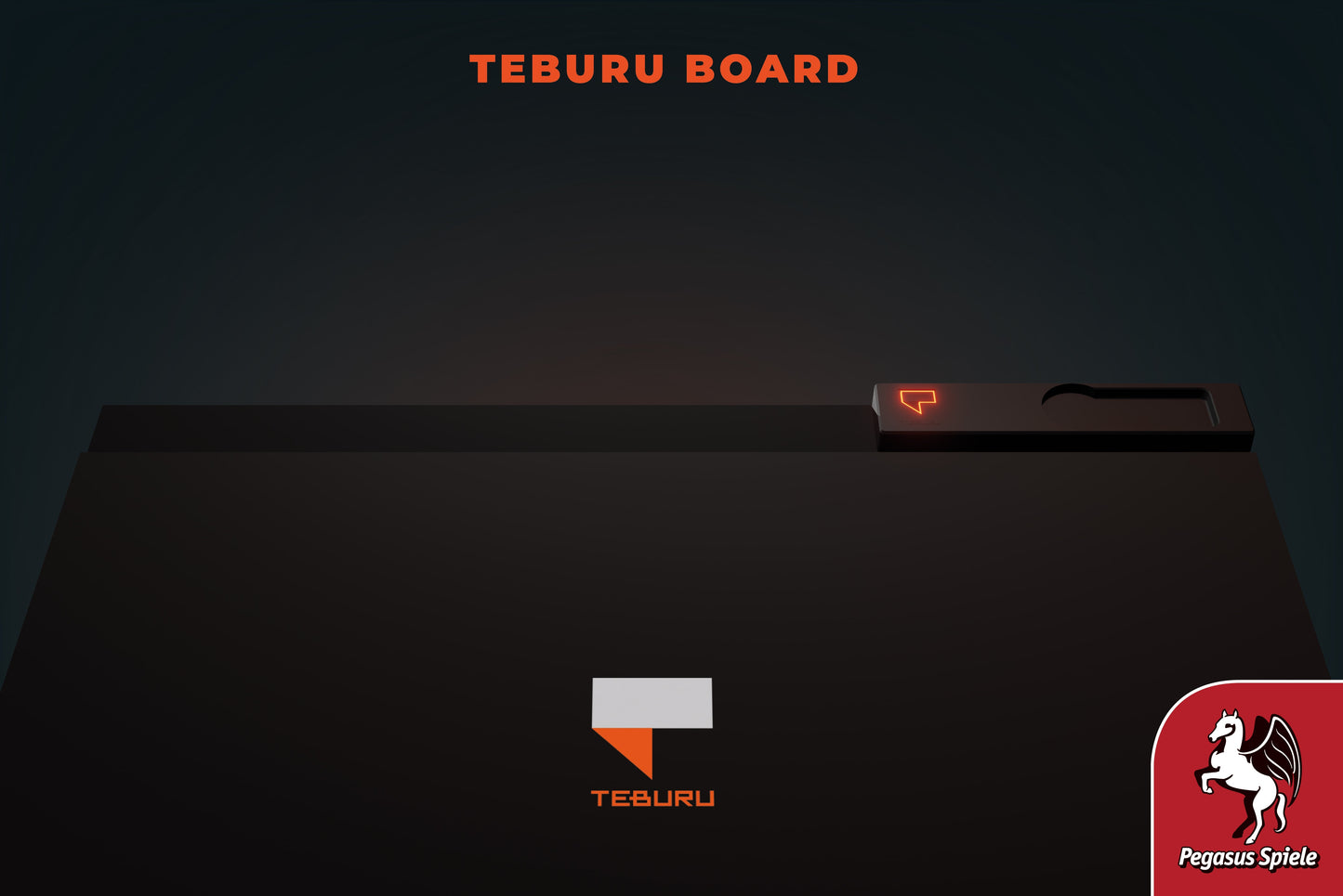 A dark image features the top of a black Teburu Game Platform Bundle with an orange logo, highlighting the product. The Pegasus Spiele brand logo—a white winged horse on a red shield—appears in the lower right corner.