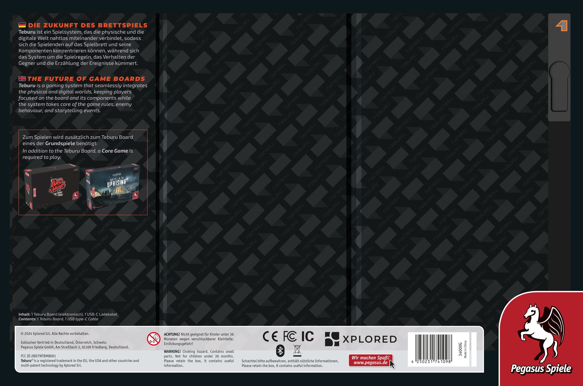 The packaging for the Teburu Game Platform Bundle features a dark geometric pattern, red and white German/English text, product details, and logos for Pegasus Spiele, Explored, and Teburu plus a white Pegasus horse logo in the bottom right corner.