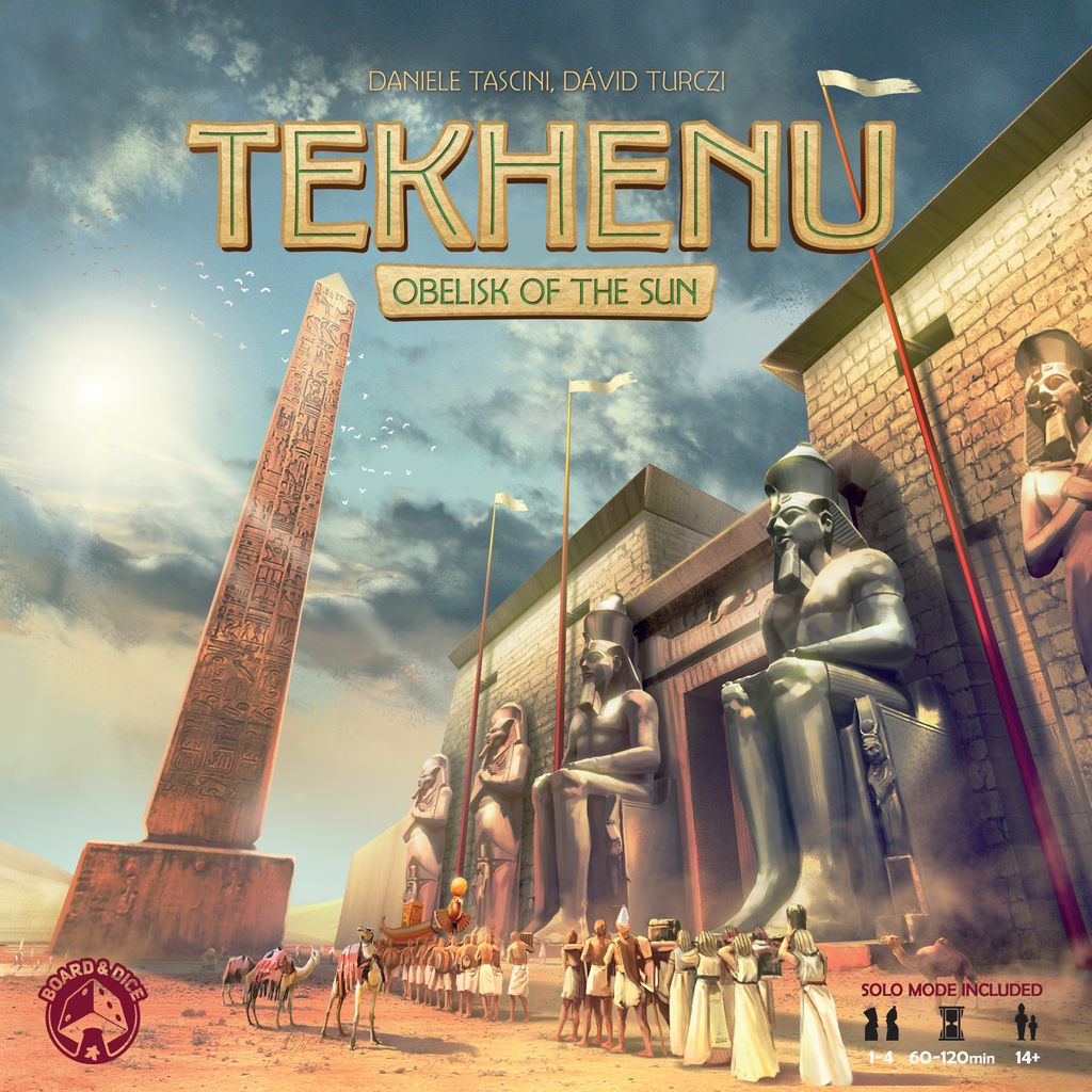 The cover of Tekhenu: Obelisk of the Sun by Board & Dice features an ancient Egyptian scene with a towering obelisk, grand pharaoh statues, and Karnak temple beneath a bright sky.