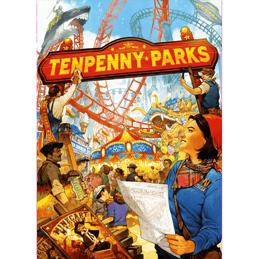 Colorful illustration depicts a lively amusement park with people and rides, a large Tenpenny Parks sign overhead, capturing the excitement and thrill of this family strategy board game by Thunderworks.