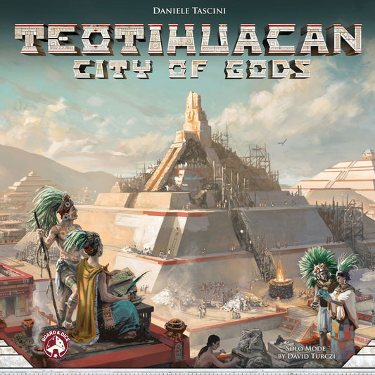 The box cover of Teotihuacan: City of Gods by Board & Dice features the Pyramid of the Sun, people in feathered headdresses, temples, and mountains under a cloudy sky depicting a vibrant pre-Columbian civilization.