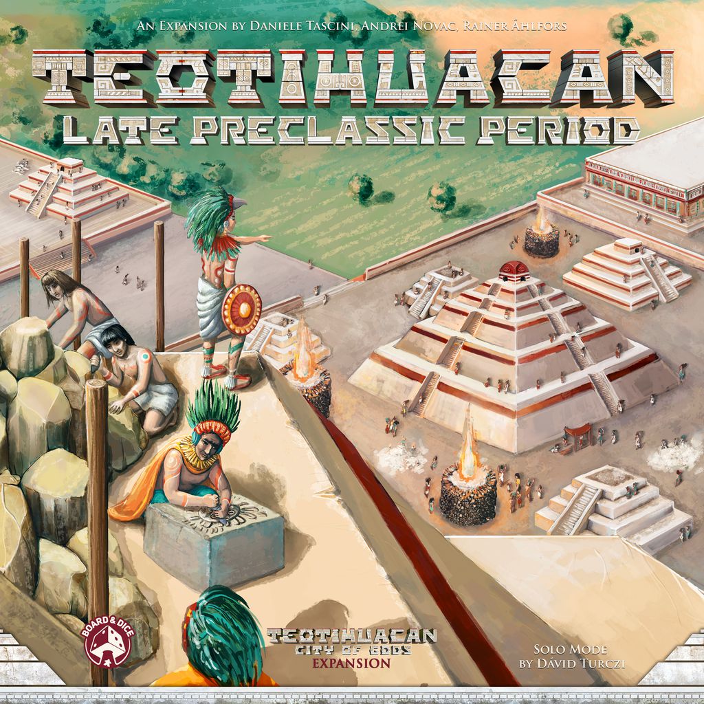 Illustration of an ancient Mesoamerican city with pyramids and plazas, inspired by Teotihuacan: Late Preclassic Period Expansion from Board & Dice, featuring Mayan/Aztec architecture and board game nods like unique player powers.