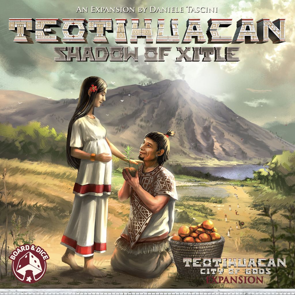 A man kneels before a woman, offering a green plant as they both wear traditional clothing. Mountains, river, and farmland lie behind. Text reads “Teotihuacan: Shadow of Xitle board game expansion by Board & Dice.”.