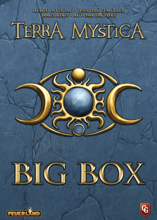 The Terra Mystica: Big Box cover by Capstone Games displays a blue stone background, a gold crescent with sun symbol, and the title in bold gold letters, with designer names and logos at the top and bottom.