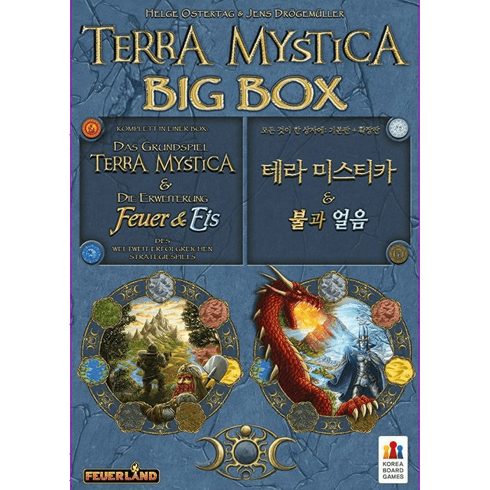 The Terra Mystica: Big Box DE/KO cover features German and Korean titles, fantasy landscapes, elemental symbols, ornate borders, Feuerland Spiele’s logo, and highlights the Fire & Ice expansion from Korean crowdfunding.