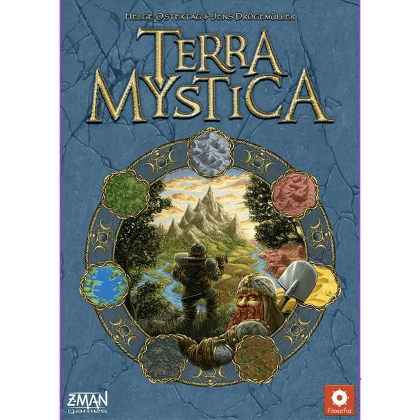 The cover of Z-Man Games' Terra Mystica EN / FR shows a fantasy landscape with a dwarf and axe, a distant castle, and six colored tokens circling the scene. The game’s title is displayed at the top, hinting at its rich strategy gameplay.