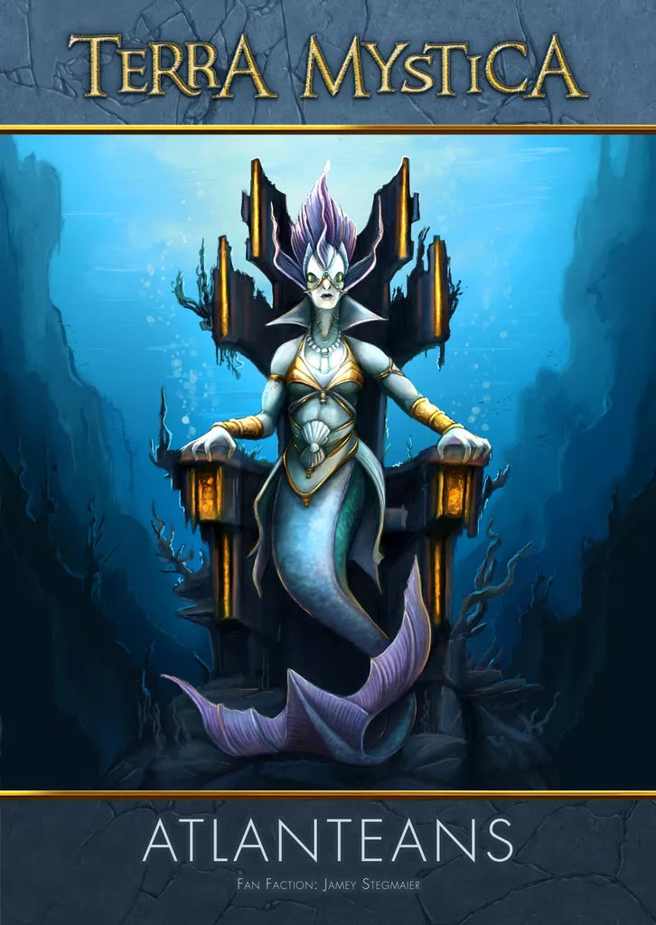 A blue-skinned mermaid with a crown and glowing eyes sits on an underwater throne amid lanterns. The text reads Terra Mystica: Fan Factions Expansion by Capstone Games, inspired by the board game and perfect for your next play!.