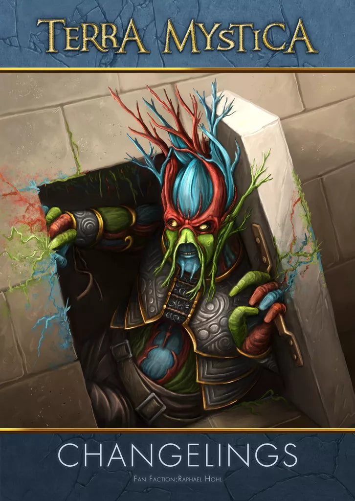 A vibrant, tree-like humanoid with blue hair, red mask, and green branches stands in a stone doorway. "Terra Mystica: Fan Factions Expansion" by Capstone Games appears in fantasy-style text at the top and bottom.