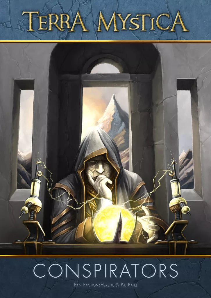 A hooded figure studies a glowing orb amid intricate devices, snowy mountains visible outside. The text reads Terra Mystica: Fan Factions Expansion by Capstone Games.