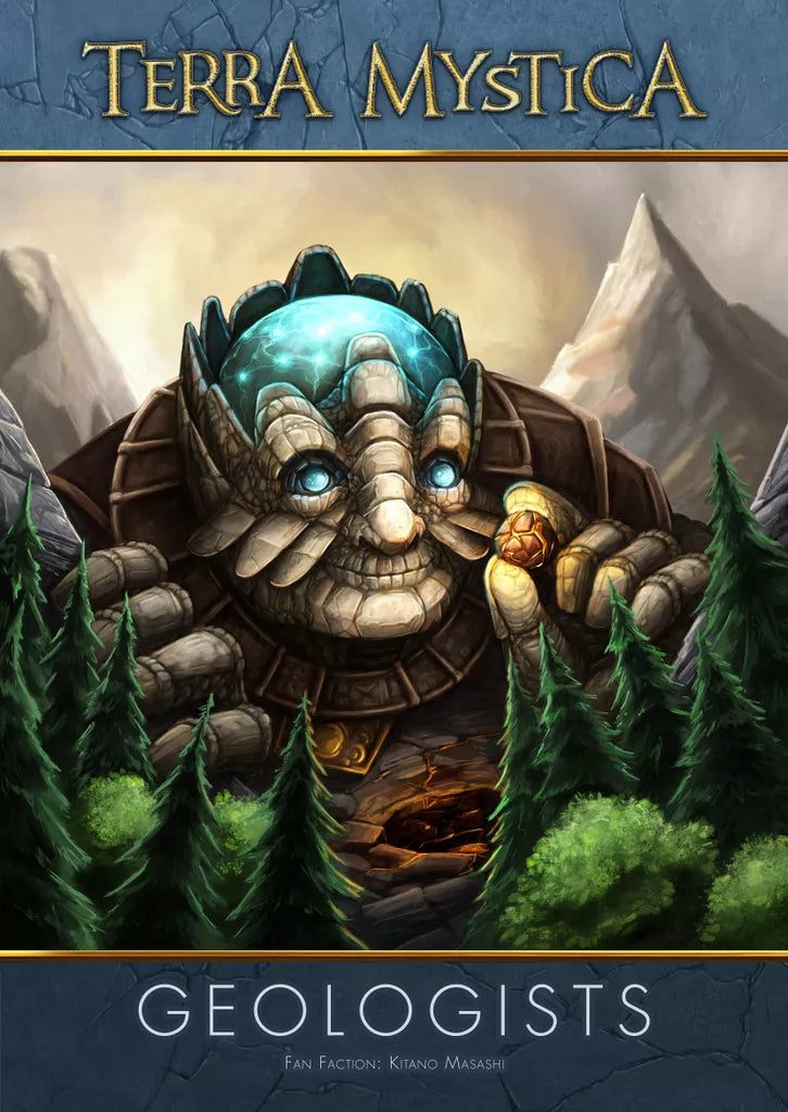 A giant stone golem with glowing blue eyes and a crystal head steps from a forest, holding a tiny human. The text reads Terra Mystica: Fan Factions Expansion by Capstone Games, featuring exciting new factions for your game.
