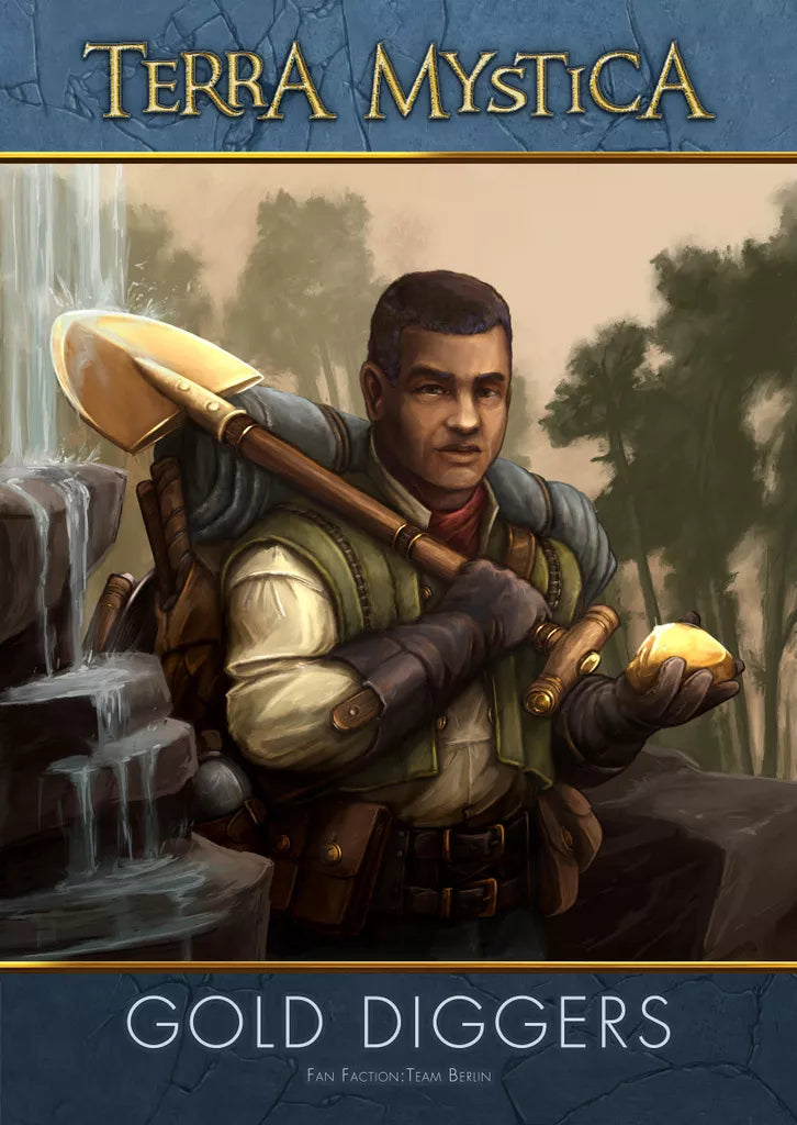 A rugged man in outdoor gear, holding a shovel and a gold nugget, stands before a forest and waterfall. The text reads Terra Mystica: Fan Factions Expansion by Capstone Games—perfect for inspiring new factions!.