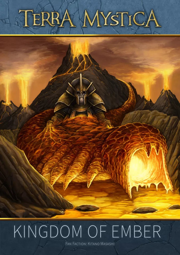 A fantasy board game cover shows a lava-armored warrior on a molten dragon amid volcanoes. Text reads Terra Mystica: Fan Factions Expansion by Capstone Games, introducing new fan-created factions.