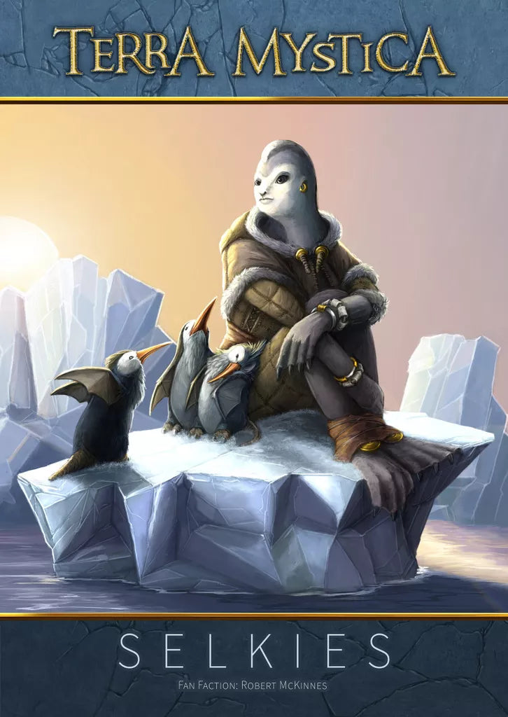 A humanoid selkie with seal-like features sits on an ice floe with three puffins, set against icy waters and distant icebergs under a cloudy sky. Text: Terra Mystica: Fan Factions Expansion by Capstone Games.