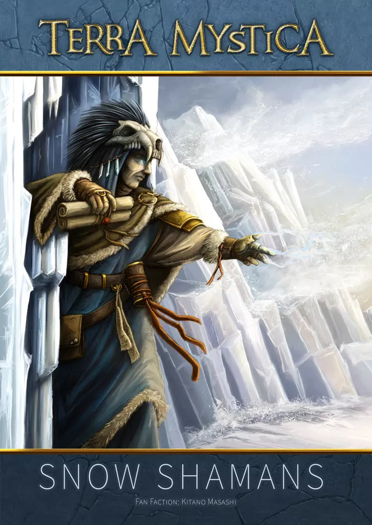 A shaman in fur-lined robes and a skull headdress casts magic atop an icy cliff, with Capstone Games' Terra Mystica: Fan Factions Expansion set against frosty mountains below.