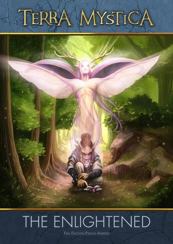 A Capstone Games fantasy game cover depicts a glowing, mystical winged spirit rising behind an armored figure in a forest, hinting at new factions featured in Terra Mystica: Fan Factions Expansion.
