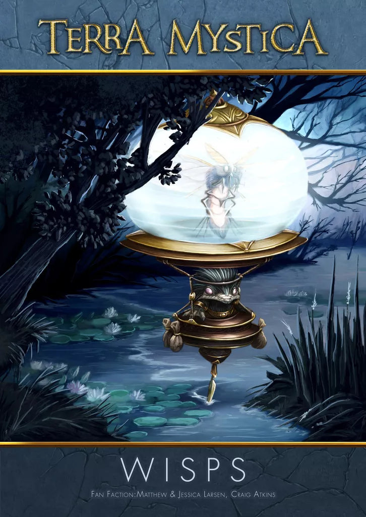 A glowing, fairy wisp floats in a glass orb above a moonlit swamp, with golden ornate details and blue foliage. Text: Terra Mystica: Fan Factions Expansion by Capstone Games — new fan-created factions for Terra Mystica.