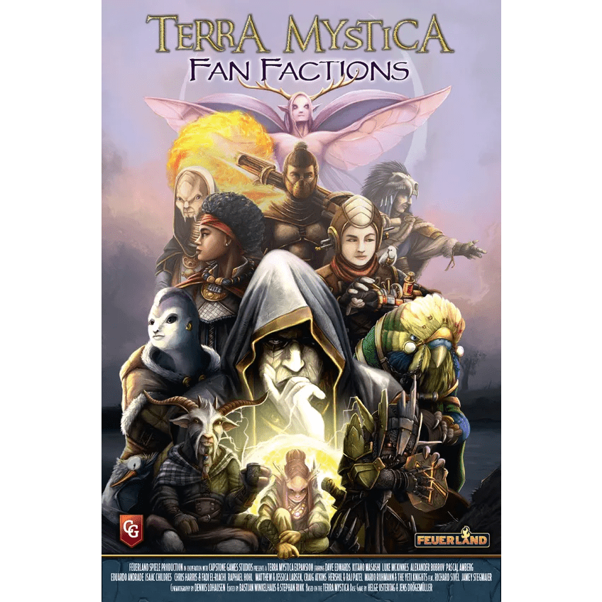 Poster for Capstone Games’ Terra Mystica: Fan Factions Expansion features diverse fantasy characters with magical effects and a glowing moon. Bold title at the top invites you to discover new factions in this exciting expansion.