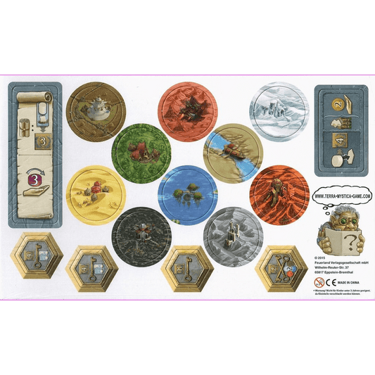 The Terra Mystica: Erweiterungsbogen by Feuerland Spiele includes circular terrain tokens, hexagonal tiles, a rectangular tracker, and a card—all featuring landscapes like forests, mountains, and volcanoes with classic Terra Mystica branding.