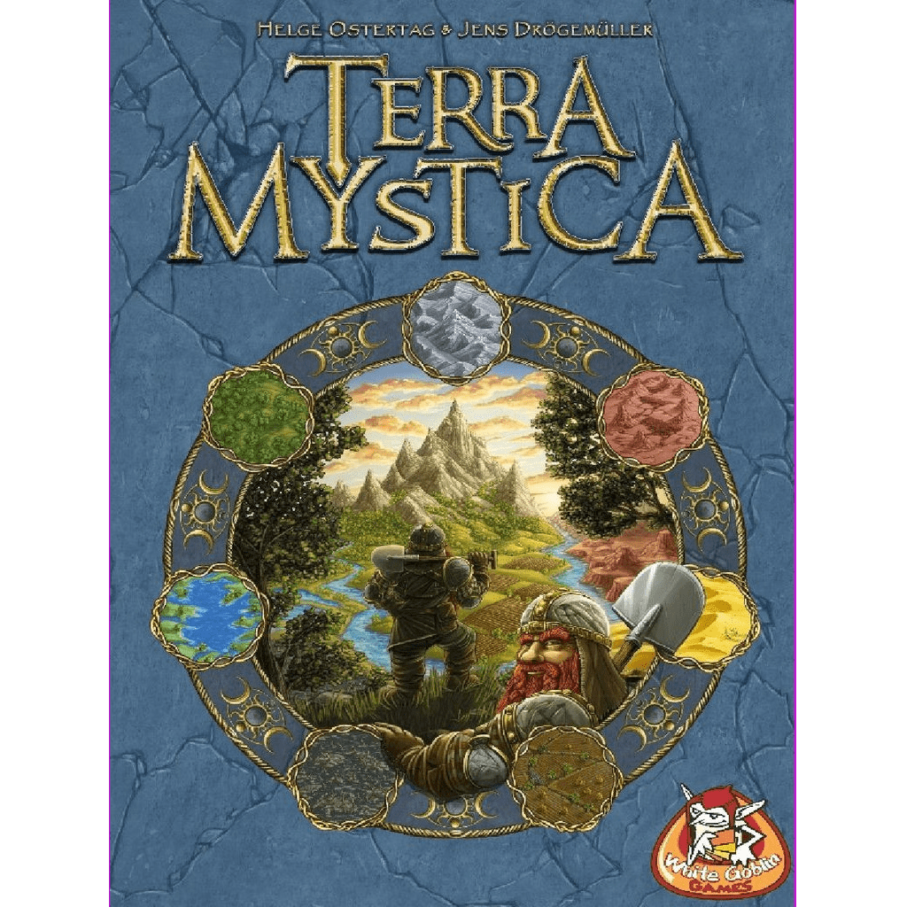 Board game cover for Terra Mystica NL by White Goblin Games, showing a fantasy landscape, a dwarf with an axe in front, and a circular border with seven colored terrain types. The title appears large at the top.