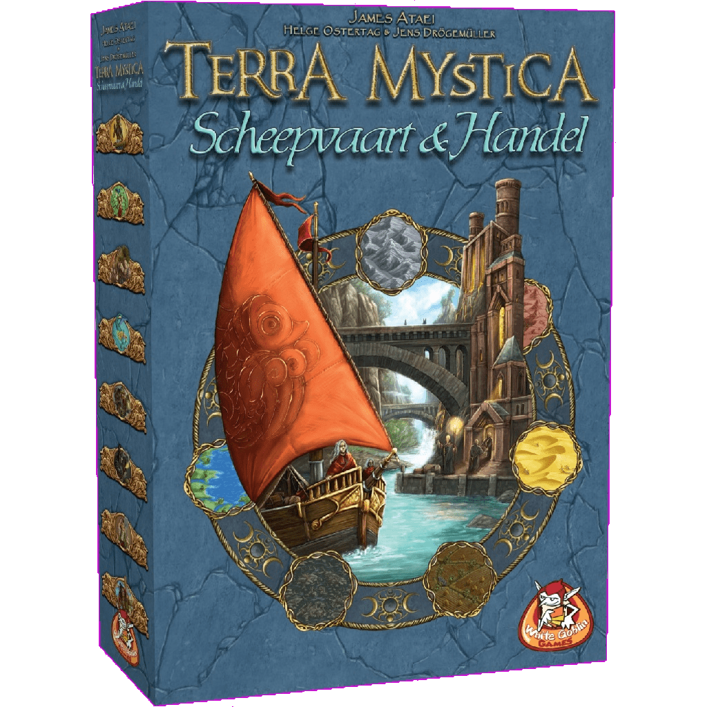 The box cover of Terra Mystica: Scheepvaart & Handel by White Goblin Games shows ships with red sails sailing a canal in a medieval city, surrounded by vibrant terrain tokens.