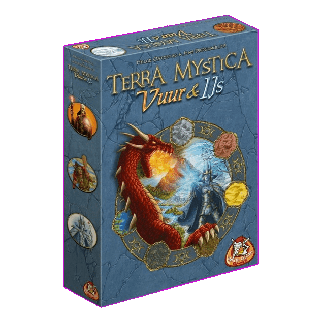 The image shows the box for Terra Mystica: Vuur en IJs by White Goblin Games. The cover has a red dragon, knight, elemental symbols, and an icy-fire scene, hinting at new factions in this board game expansion.