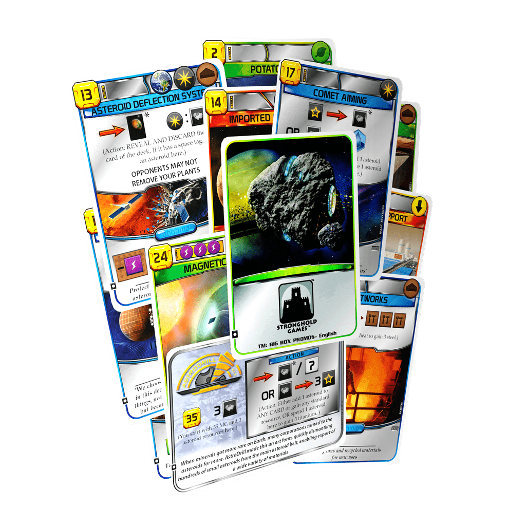 A vibrant spread of illustrated corporation and project cards from Stronghold Games’ Terraforming Mars: Big Box Promo Pack, featuring asteroids, planets, spaceships, and game icons—an ideal upgrade for any Terraforming Mars collection.