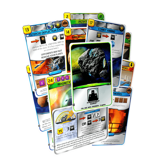 A vibrant spread of illustrated corporation and project cards from Stronghold Games’ Terraforming Mars: Big Box Promo Pack, featuring asteroids, planets, spaceships, and game icons—an ideal upgrade for any Terraforming Mars collection.