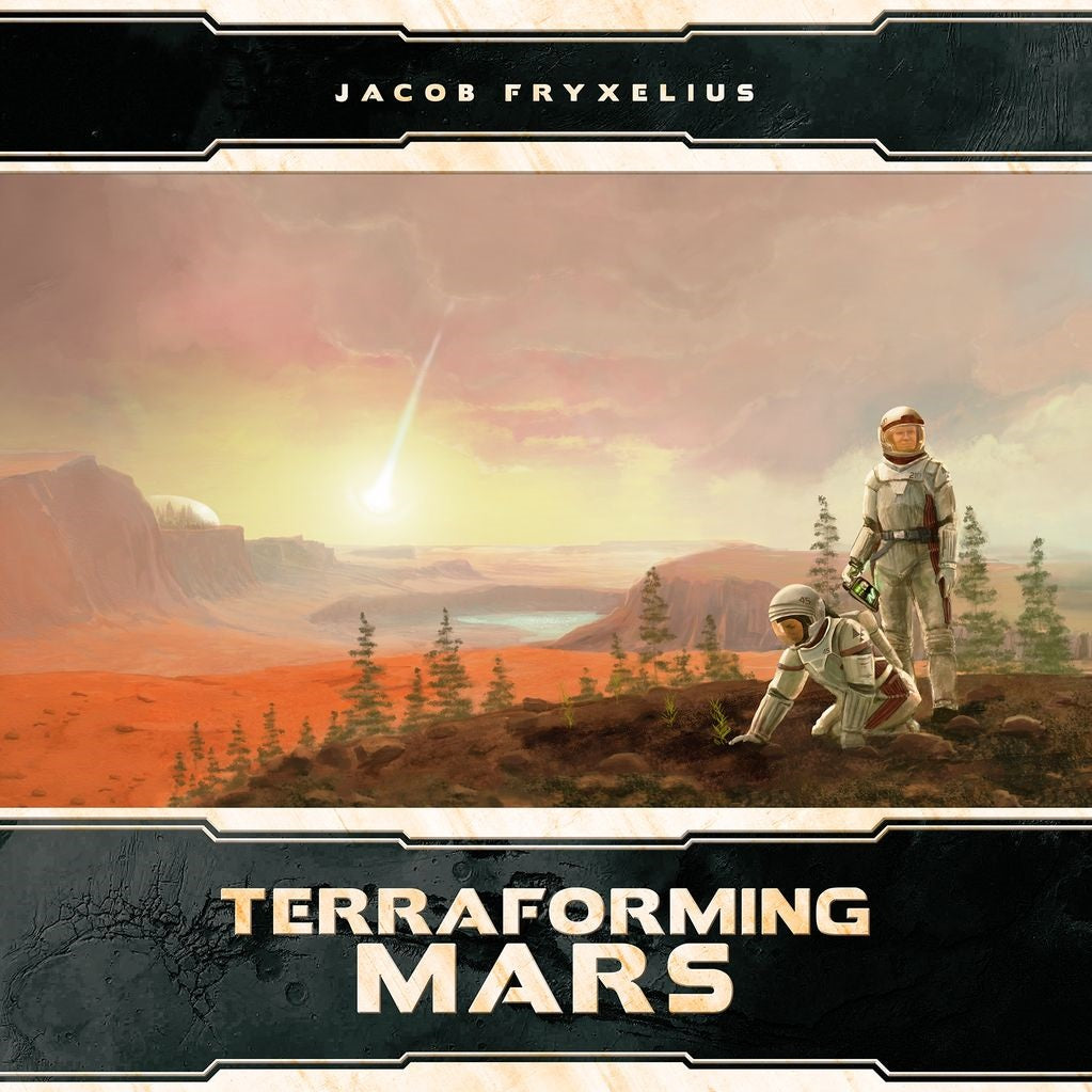 Two astronauts in white suits explore a rocky, red Martian landscape with 3D terrain tiles and distant mountains. A meteor streaks above the text: Terraforming Mars: Big Box by Stronghold Games.