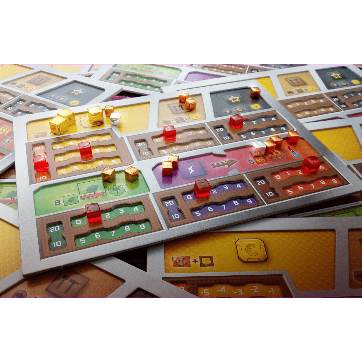A close-up of Intrafin Games' Terraforming Mars Dual Layer Player Boards (5 Boards Set) shows vibrant cubes and tokens on tracks, icons, and numbers, surrounded by other mats and board game accessories.