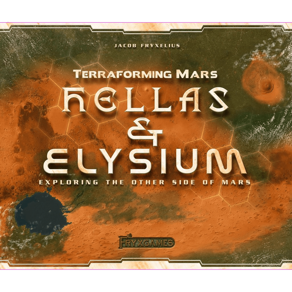 The image displays the box cover of Terraforming Mars: Hellas & Elysium Expansion by Stronghold Games, featuring a detailed Mars map with orange and brown textures and text highlighting this board game expansion.