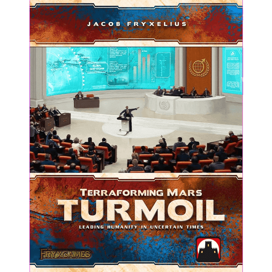 The cover of Terraforming Mars: Turmoil Expansion by Stronghold Games features a futuristic council chamber with people seated and one gesturing at a large display screen, with the game's title and author's name prominently shown.