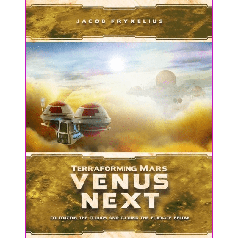 Cover of Terraforming Mars: Venus Next Expansion by Stronghold Games. Futuristic buildings float in yellow Venus clouds with glowing planet and industrial structures, overlaid with gold and white text.