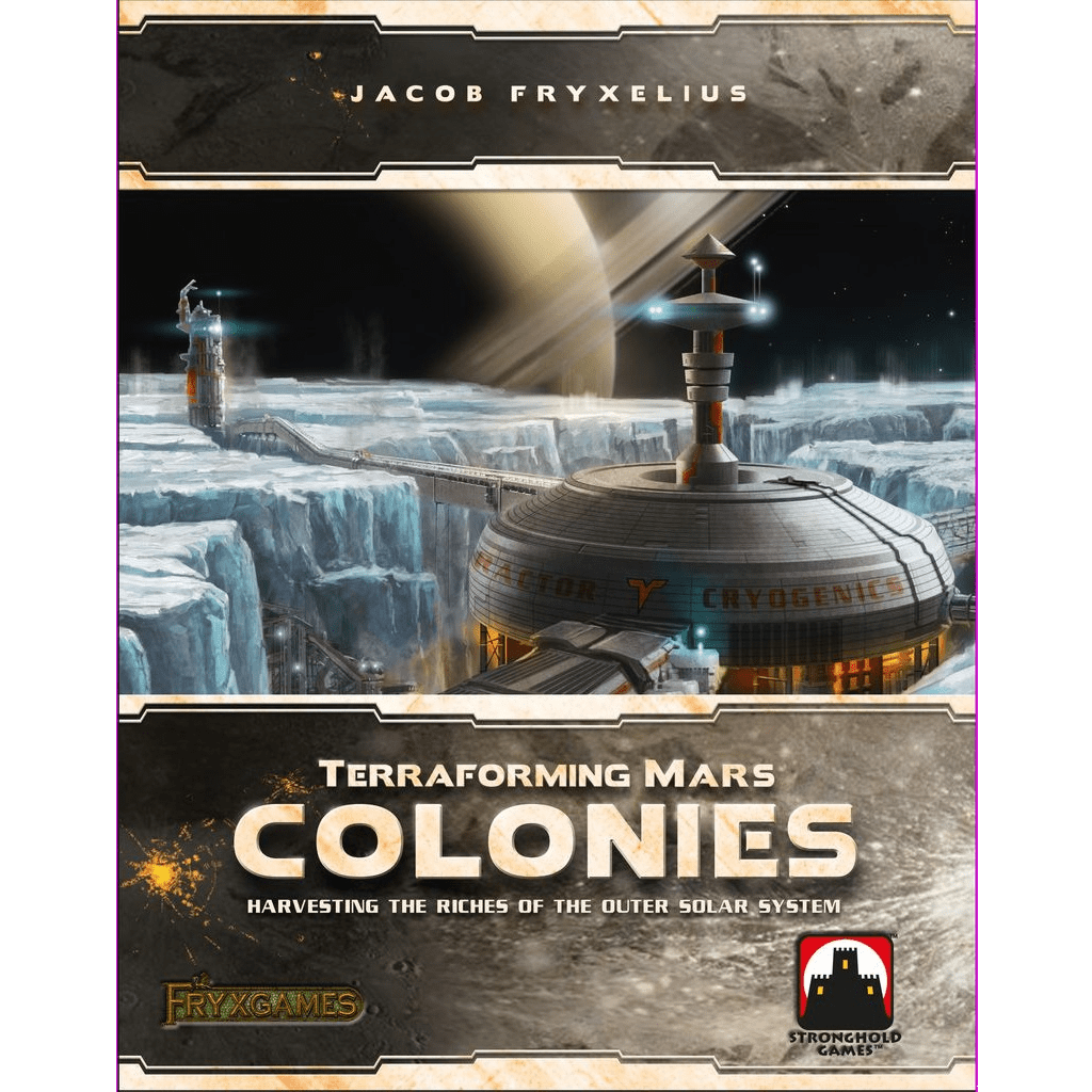 Cover of Terraforming Mars: Colonies Expansion by Stronghold Games, featuring a futuristic colony with domed structures on an icy landscape under a starry sky. Title and credits are clearly visible.