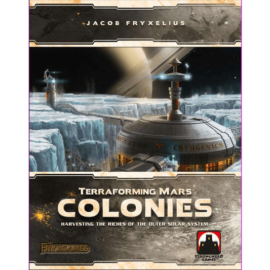 Cover of Terraforming Mars: Colonies Expansion by Stronghold Games, featuring a futuristic colony with domed structures on an icy landscape under a starry sky. Title and credits are clearly visible.