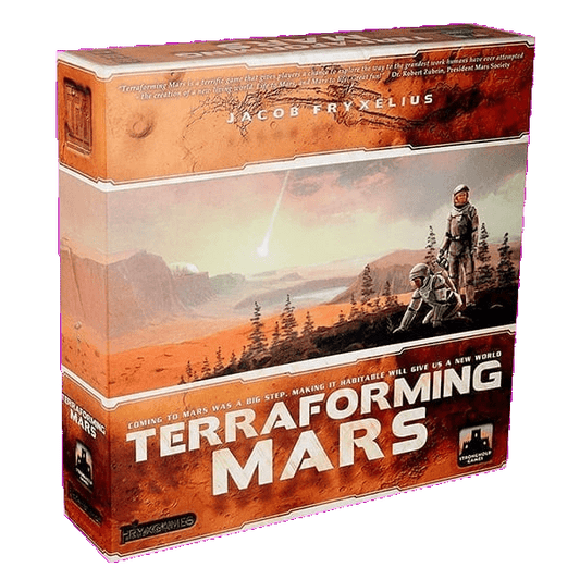 Box cover of Terraforming Mars by Stronghold Games, depicting astronauts on a rocky red Martian landscape with advanced buildings and a comet, evoking the vision of colonizing Mars.