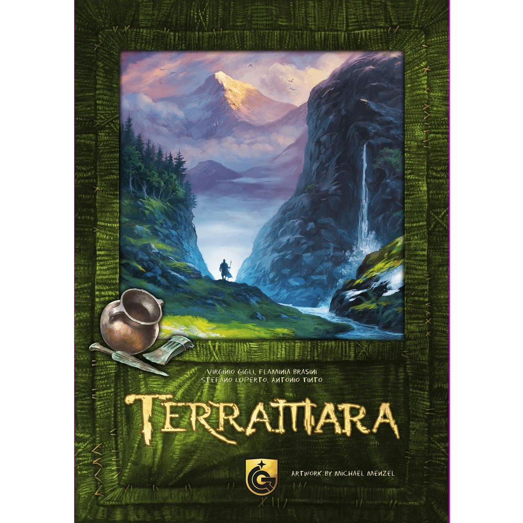 A fantasy landscape with a lone figure on a path between cliffs and a waterfall, snowy peaks behind; pottery and a scroll hint at clan growth from Quined Games' Terramara, with Terra Tiara in bold yellow text.