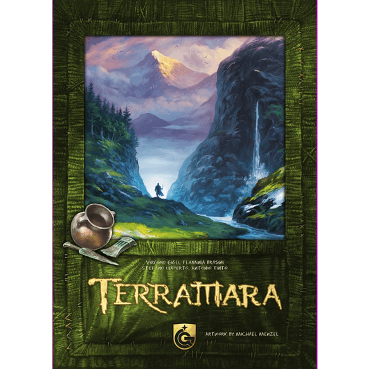 A fantasy landscape with a lone figure on a path between cliffs and a waterfall, snowy peaks behind; pottery and a scroll hint at clan growth from Quined Games' Terramara, with Terra Tiara in bold yellow text.